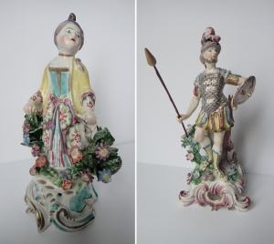 18<sup>th</sup> century Bow figures, flower seller with gold anchor and dagger and Mars